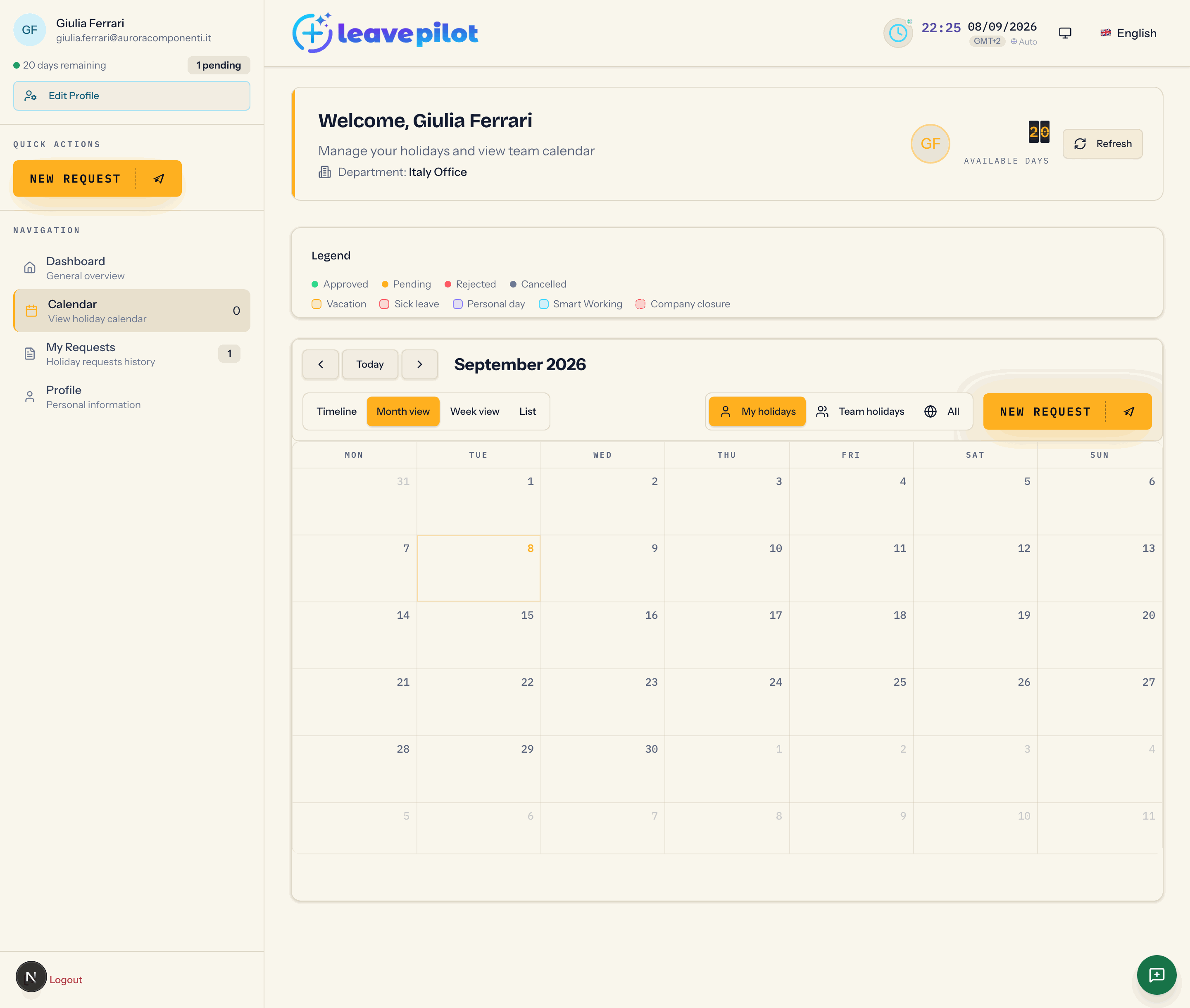 The Timeline view of the calendar