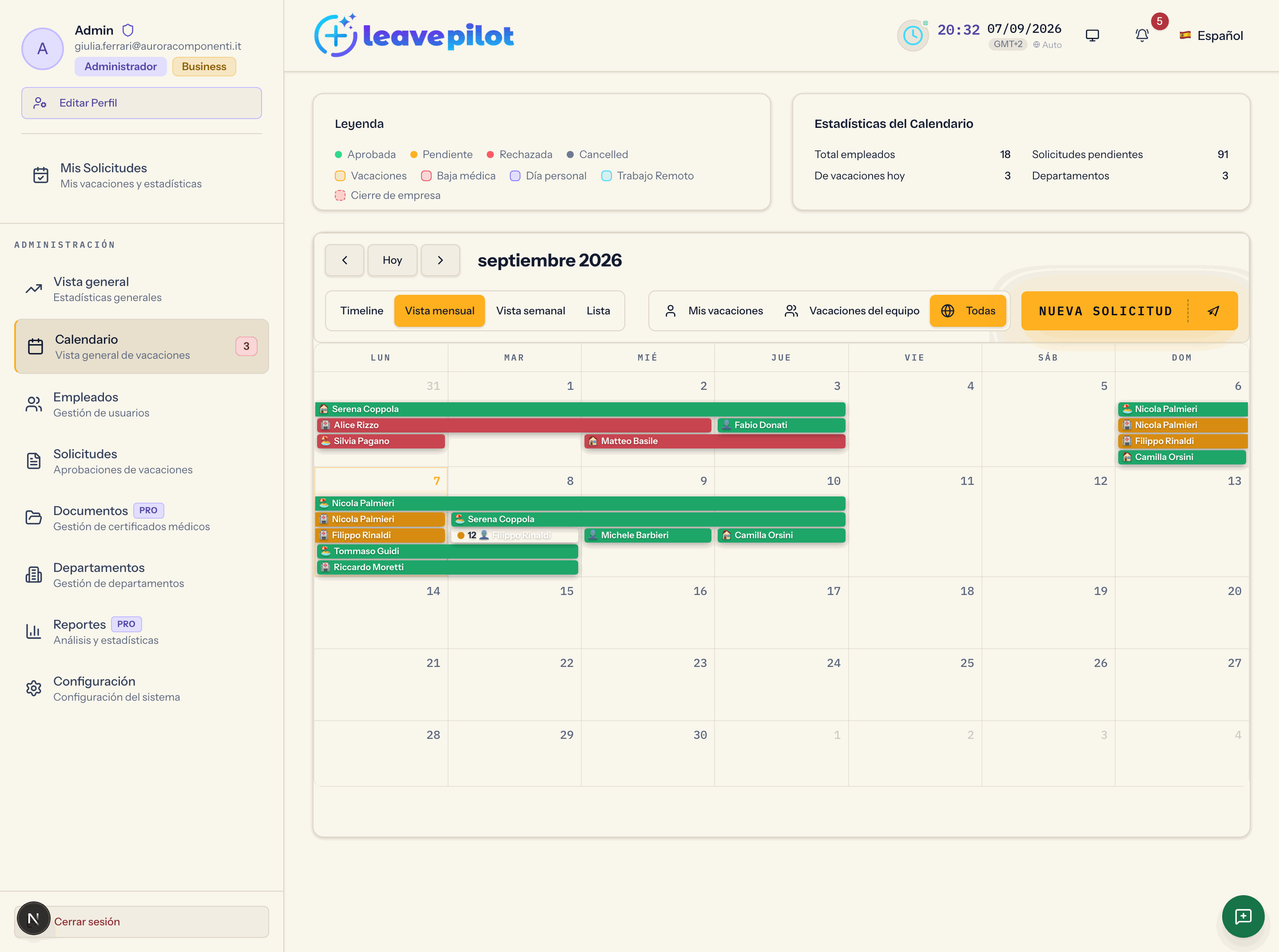 El calendario de empresa visto por la persona administradora, con las estadísticas y el selector de vistas